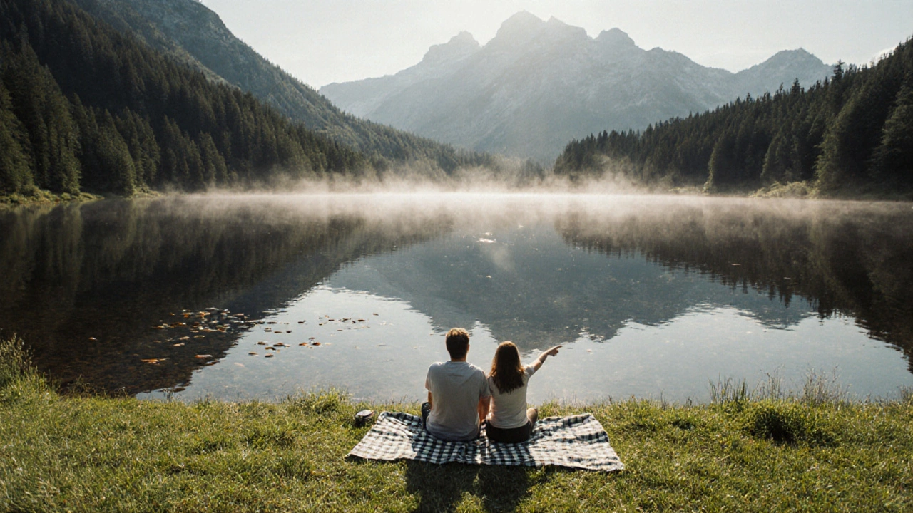 Černé jezero v létě s lidmi na louce a viditelnými rybami ve vodě.